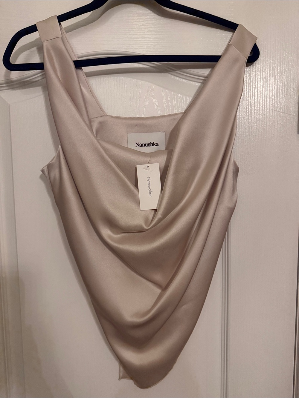 Nanushka Asymmetrical Satin Cowl Neck Dress in Blush Taupe
